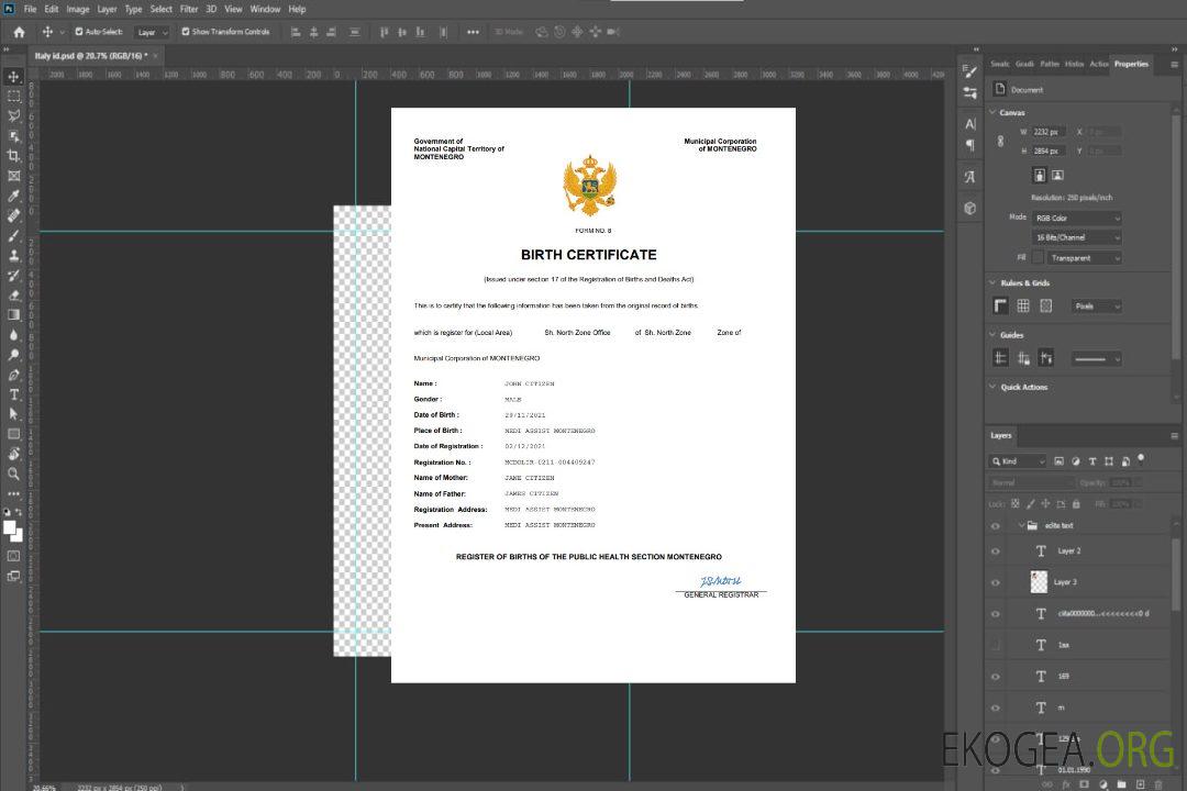 Modèle Word et PDF d'acte de naissance au Monténégro template